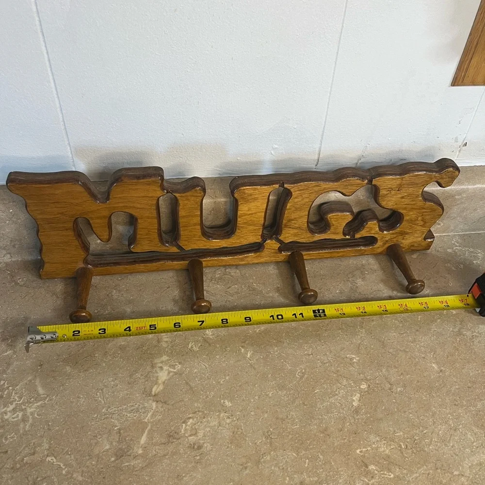 Vintage Wooden 'Mugs' Wall Hook Rack in Warm Brown